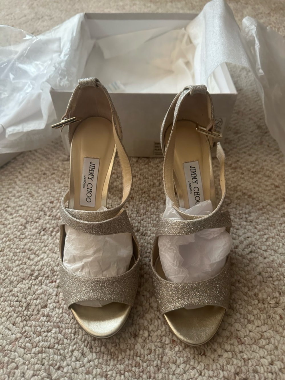Jimmy Choo Champagne Gold Glitter Ankle-Strap Heels